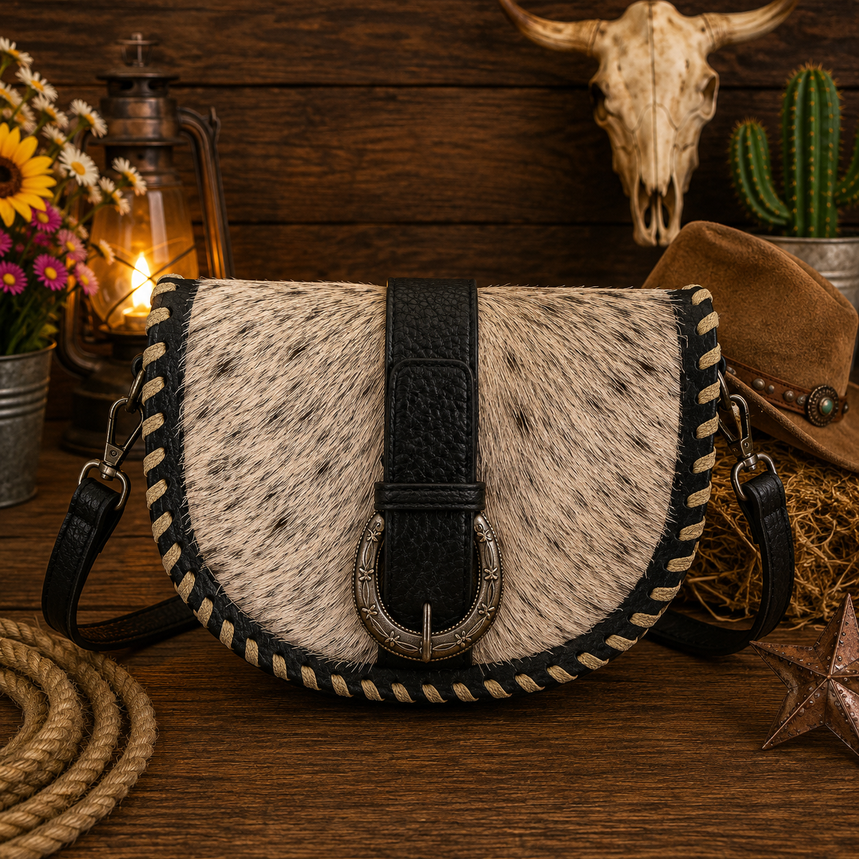Trinity Ranch Western Hair-On Cowhide Saddle Crossbody Bag