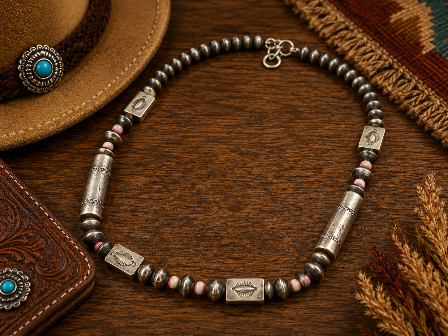 Handcrafted Queen Pink Conch & Hand Stamped Beaded Necklace