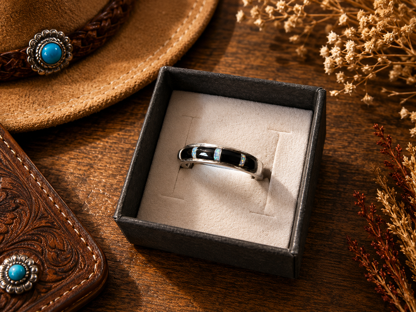 Navajo Sterling Silver Black Onyx Pin Opal Band